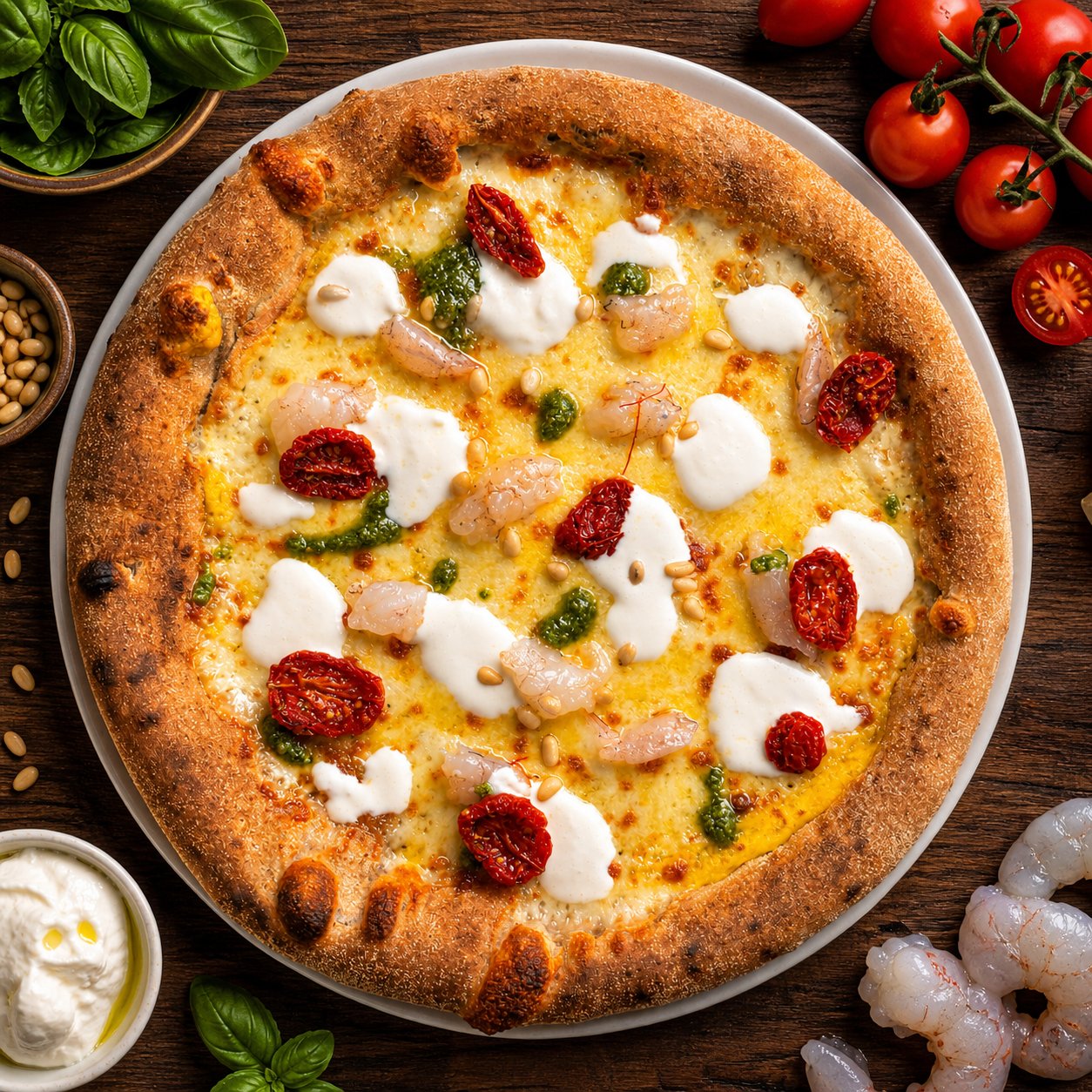 Pizza Bruna Gamberi: gamberi crudi, stracciatella, pomodori secchi