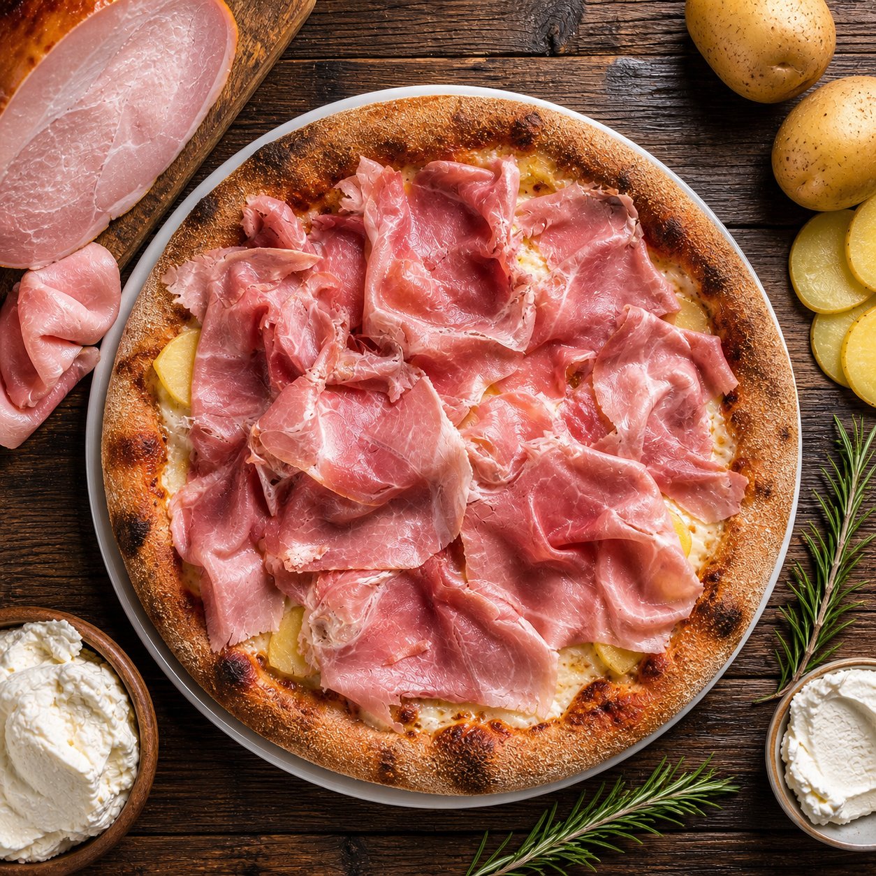 Pizza Bruna Proibita: prosciutto cotto, patate, ricotta